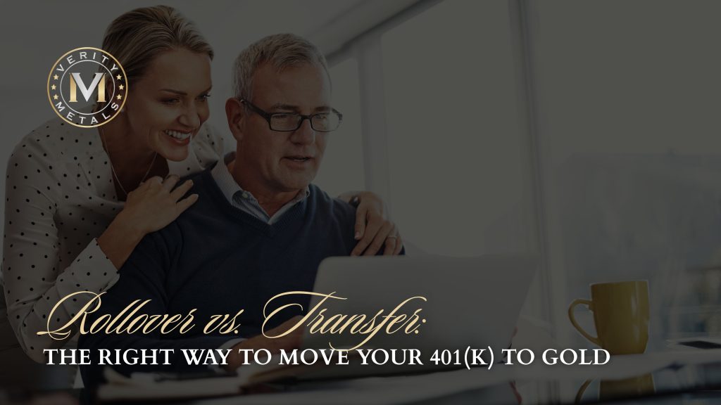 Verity Metals blog graphic showing a smiling couple looking at a laptop together, with the headline "Rollover vs. Transfer: The Right Way to Move Your 401(k) to Gold."