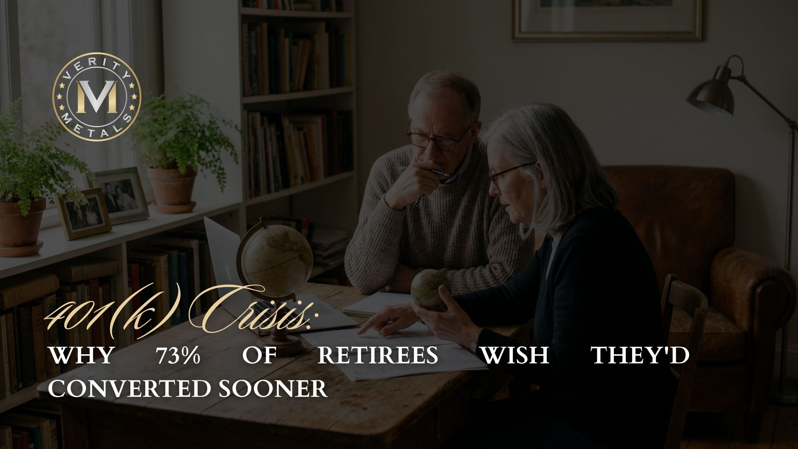 Verity Metals blog graphic showing an older couple reviewing paperwork at a home desk, with the headline "401(k) Crisis: Why 73% of Retirees Wish They'd Converted Sooner."