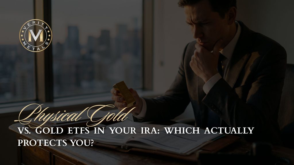 Verity Metals blog graphic showing a man in a suit examining a gold bar at his office desk, with the headline "Physical Gold vs. Gold ETFs in Your IRA: Which Actually Protects You?"