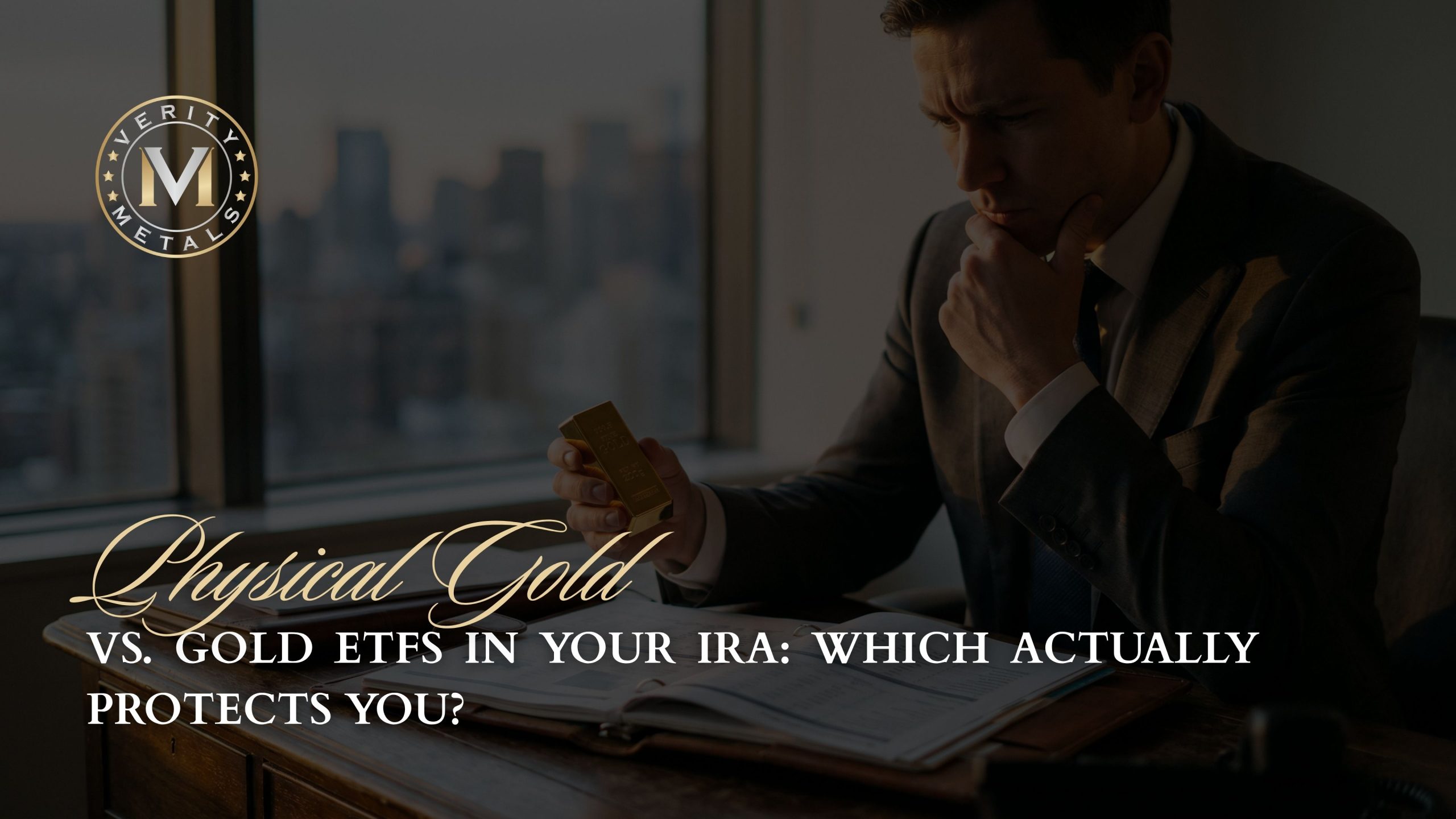 Verity Metals blog graphic showing a man in a suit examining a gold bar at his office desk, with the headline "Physical Gold vs. Gold ETFs in Your IRA: Which Actually Protects You?"